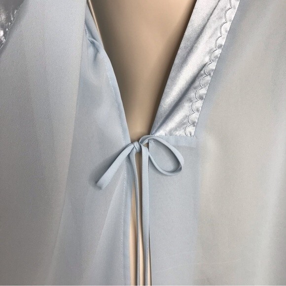 Halston Satin Trim Chiffon Bath Robe Light Blue Attached Tie Women Size Medium - Picture 6 of 16